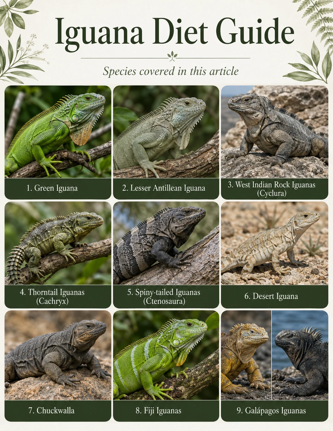 Labeled photorealistic representatives of the major iguana groups covered in this diet guide