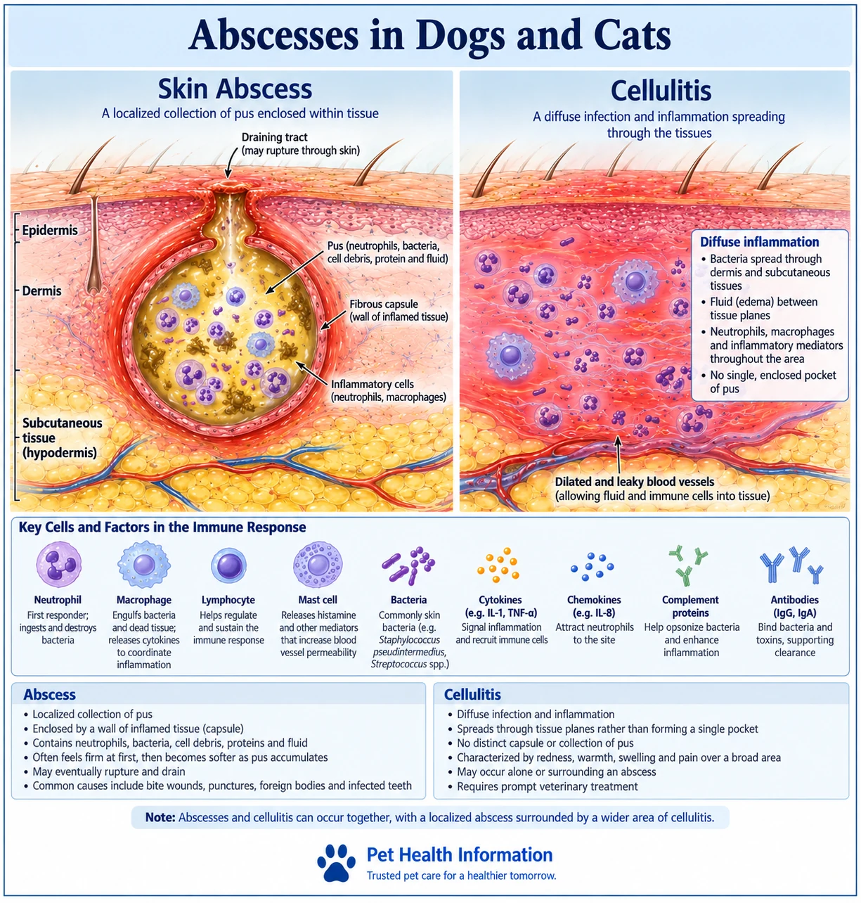Veterinary medical illustration comparing a localized skin abscess with cellulitis, showing skin layers, inflammatory cells, bacteria, blood vessels, and key immune factors