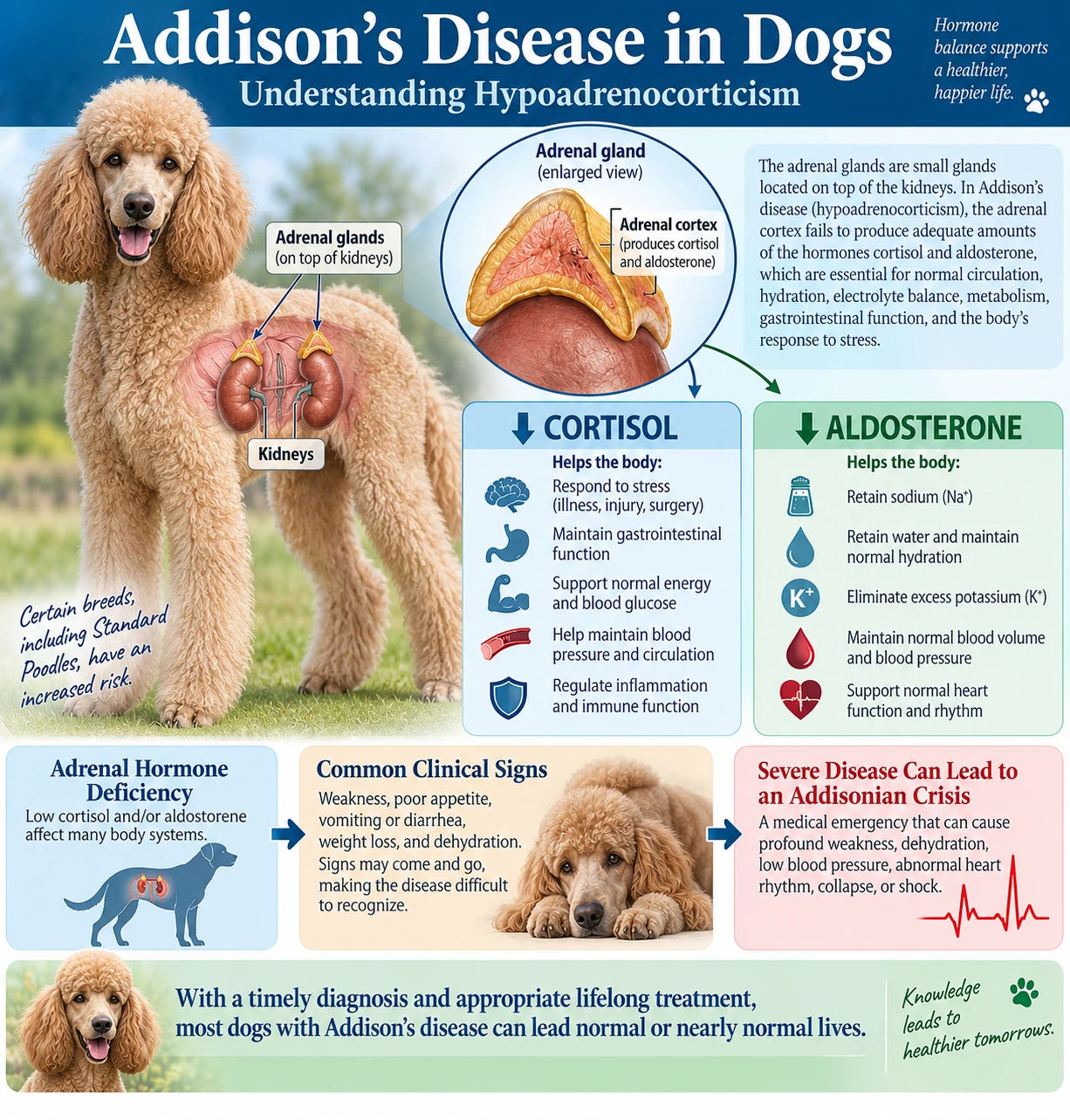 Veterinary medical illustration of a Standard Poodle showing the kidneys and adrenal glands, cortisol and aldosterone functions, common signs of Addison's disease, and Addisonian crisis.