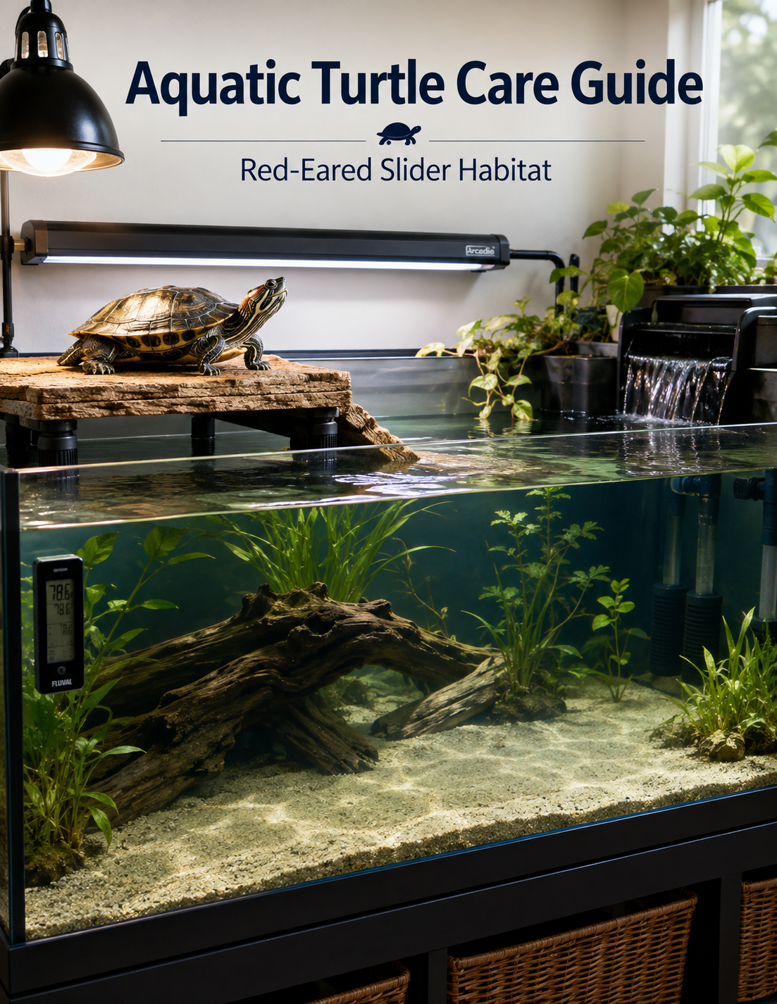 Aquatic Turtle Care Guide cover showing one red-eared slider in a large, clean, properly equipped aquatic habitat with deep swimming water, strong filtration, submerged structure and plants, a completely dry basking platform, basking heat, UVB lighting, and water temperature monitoring