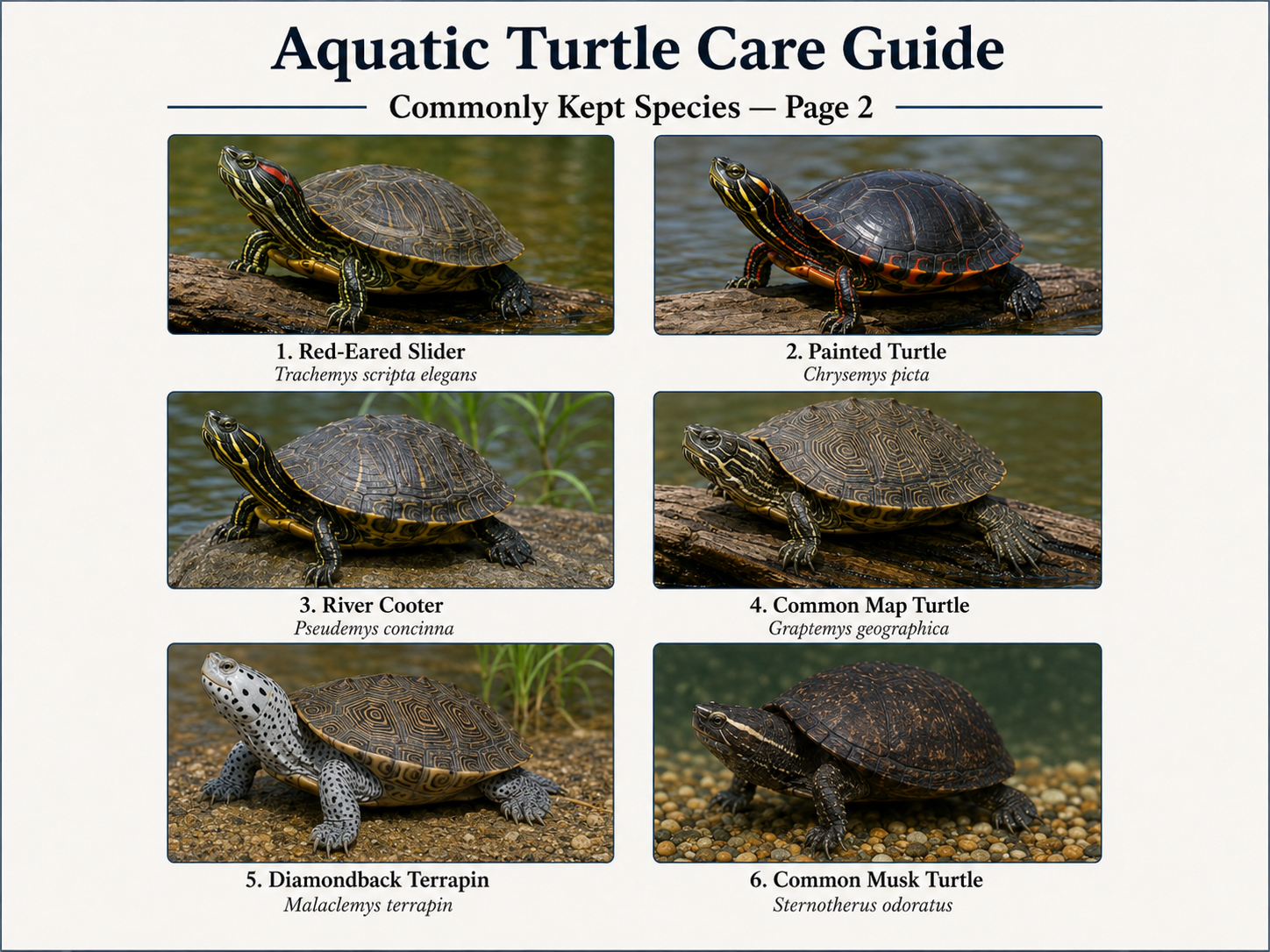 Labeled photorealistic species page showing red-eared slider, painted turtle, river cooter, common map turtle, diamondback terrapin, and common musk turtle, numbered 1 through 6