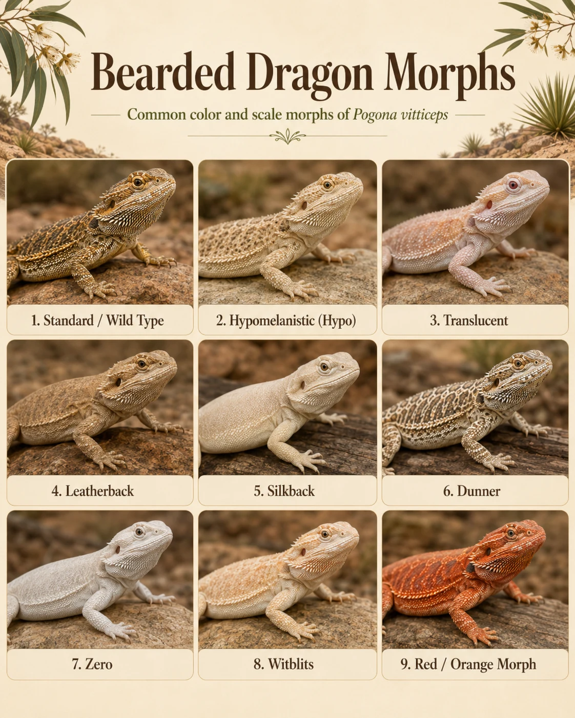 Labeled photorealistic illustration showing common color and scale morphs of Pogona vitticeps