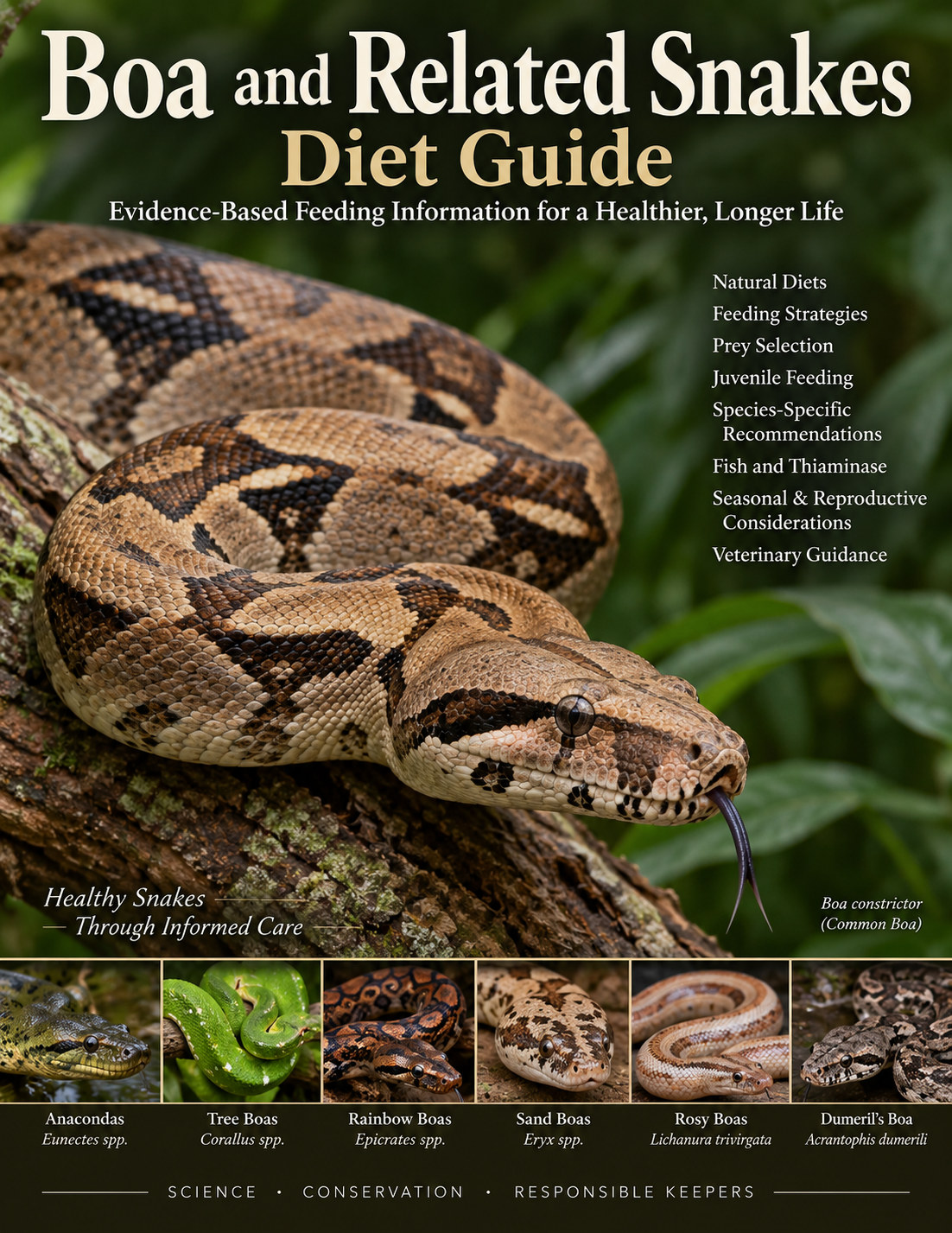 Boa constrictor in a naturalistic habitat, cover image for the Boa and Related Snake Diet Guide