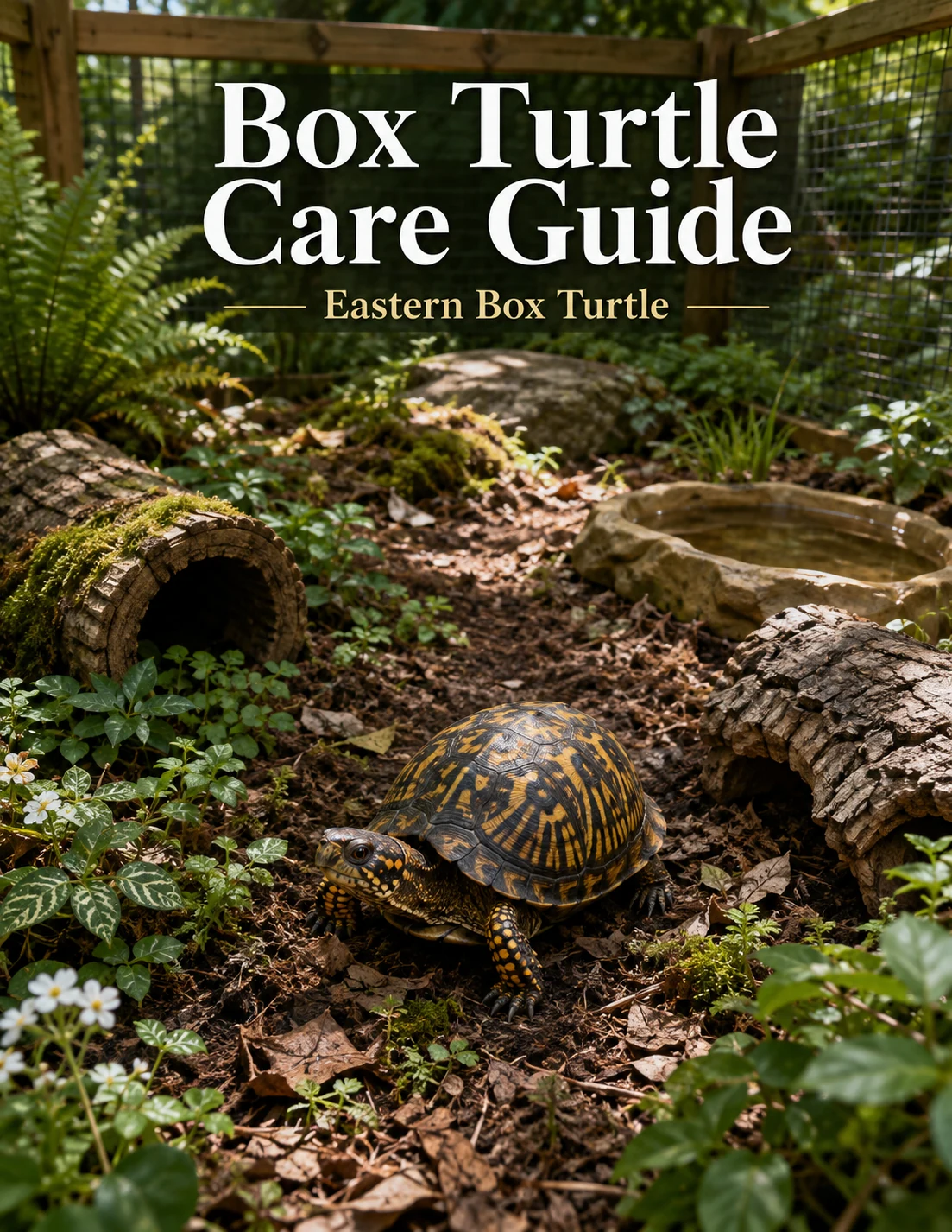 Box Turtle Care Guide cover showing a captive eastern box turtle in a secure outdoor naturalistic enclosure with sun and shade, deep leaf litter and soil substrate, logs, plants, hides, a shallow soaking water area, and safe fencing