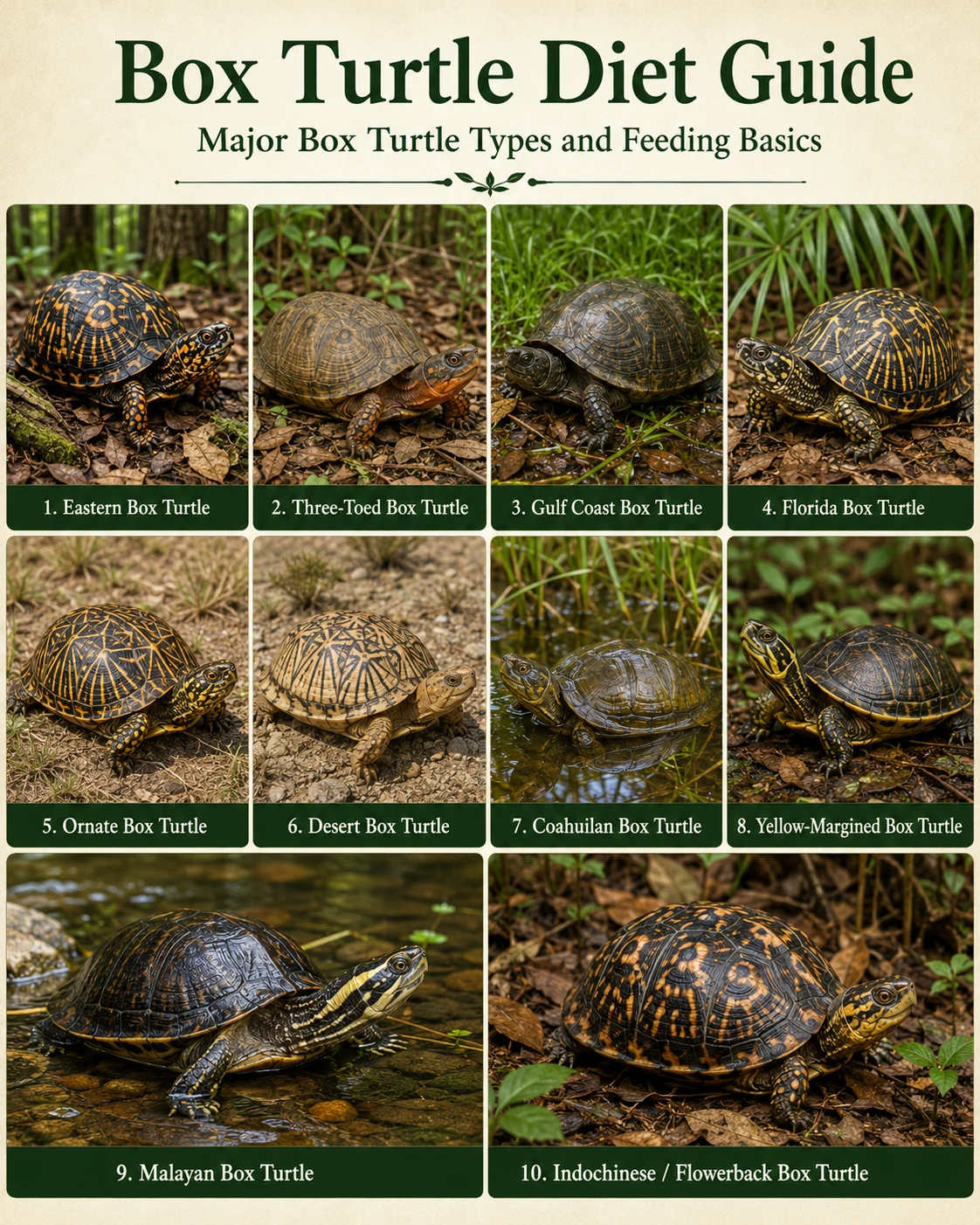 Labeled photorealistic representatives of the major box turtle species covered in this diet guide