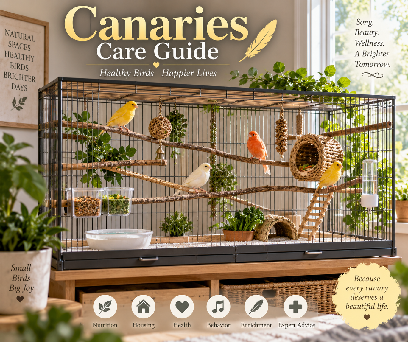 Canary Care Guide cover showing several canaries in a spacious indoor flight-oriented cage habitat