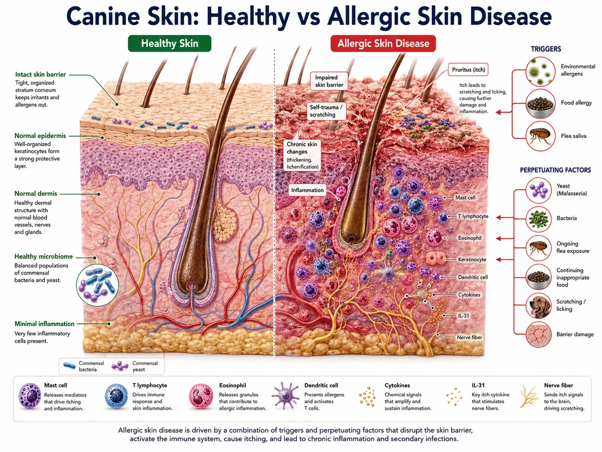 Photorealistic labeled comparison of canine skin showing healthy skin on one side and allergic skin disease on the other, including triggers, perpetuating factors, skin layers, and inflammatory cells