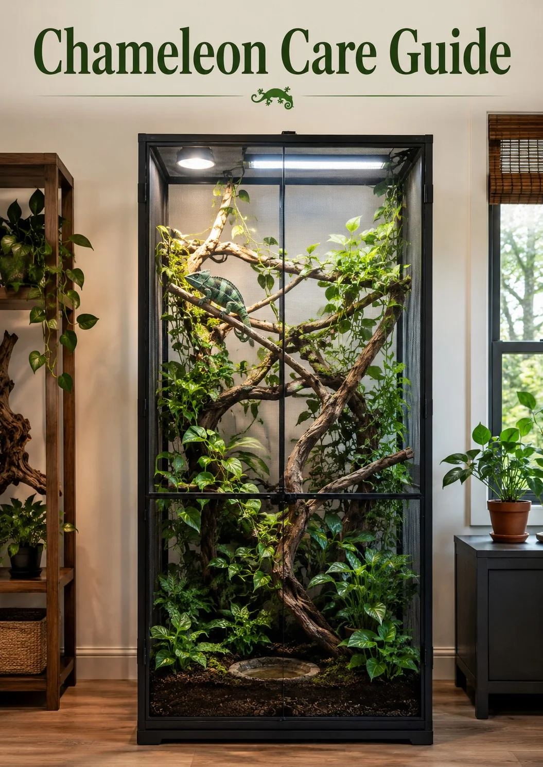 Chameleon Care Guide cover showing a distant photorealistic view of a well-equipped planted chameleon enclosure with branches, lighting, and a perched chameleon.