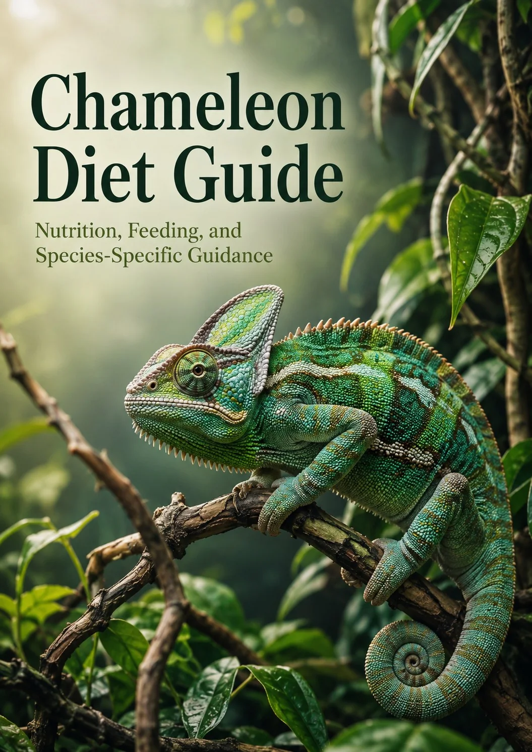 Chameleon Diet Guide cover showing a photorealistic chameleon in a naturalistic setting.