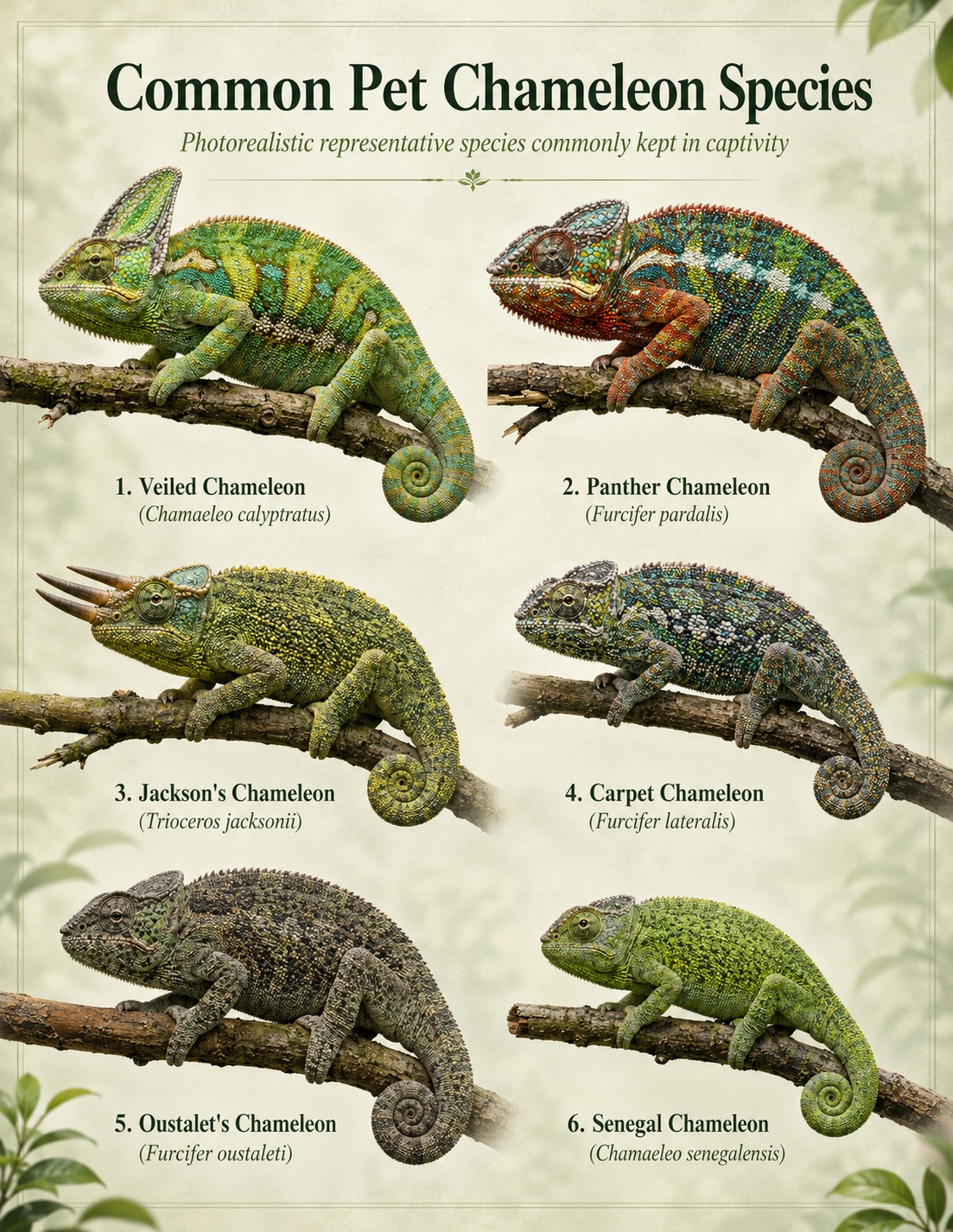 Common pet chameleon species identification page with labeled photorealistic examples of veiled, panther, Jackson's, carpet, Oustalet's, and Senegal chameleons.