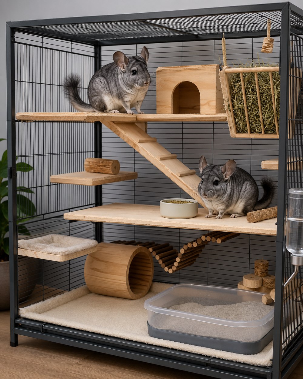 Two chinchillas in a spacious multi-level indoor habitat with solid wood shelves, hay, water, hiding areas, chew items, and a dust-bath container