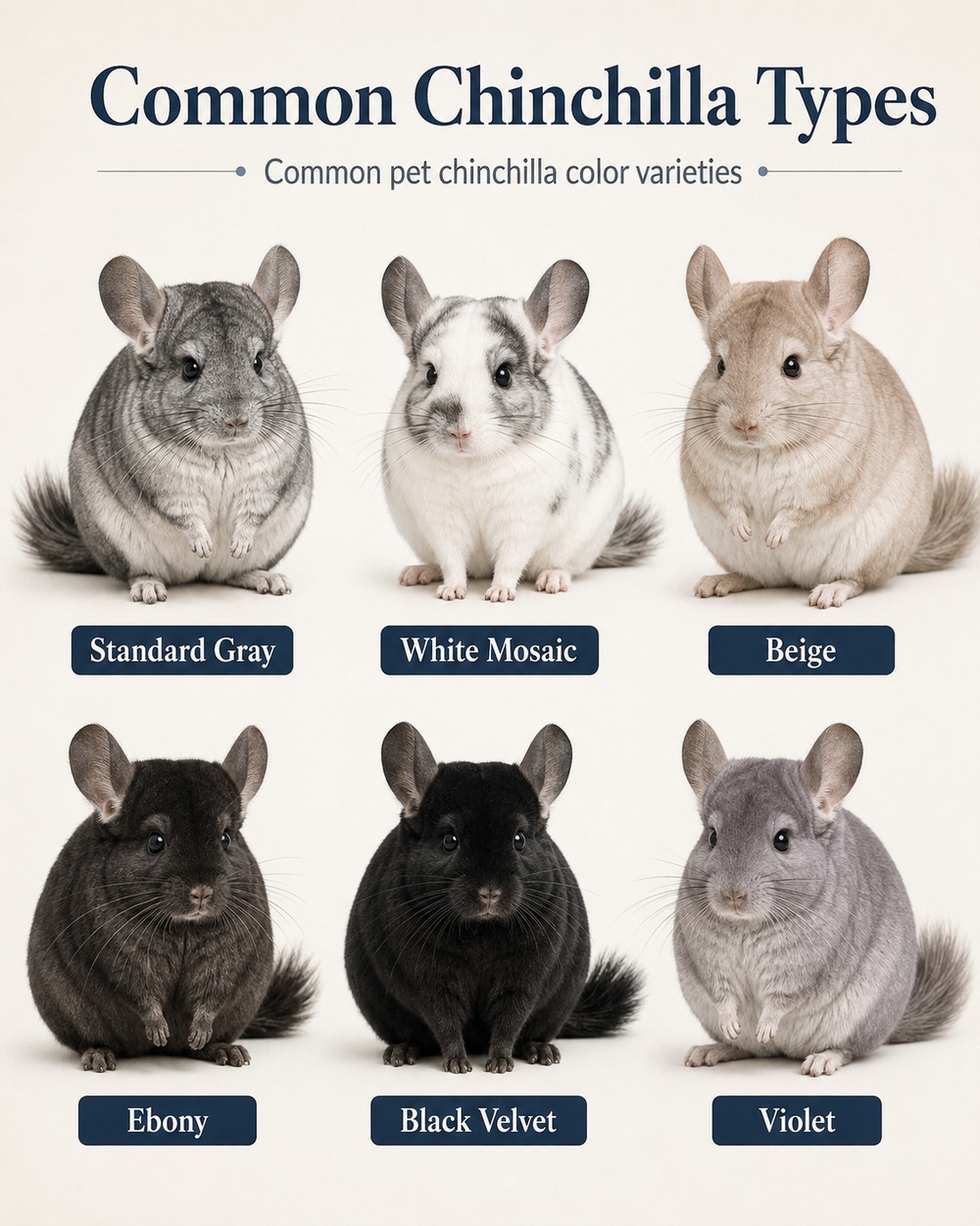 Common pet chinchilla color varieties labeled Standard Gray, White Mosaic, Beige, Ebony, Black Velvet, and Violet
