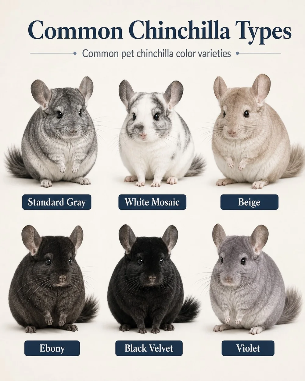 Common pet chinchilla color varieties labeled Standard Gray, White Mosaic, Beige, Ebony, Black Velvet, and Violet