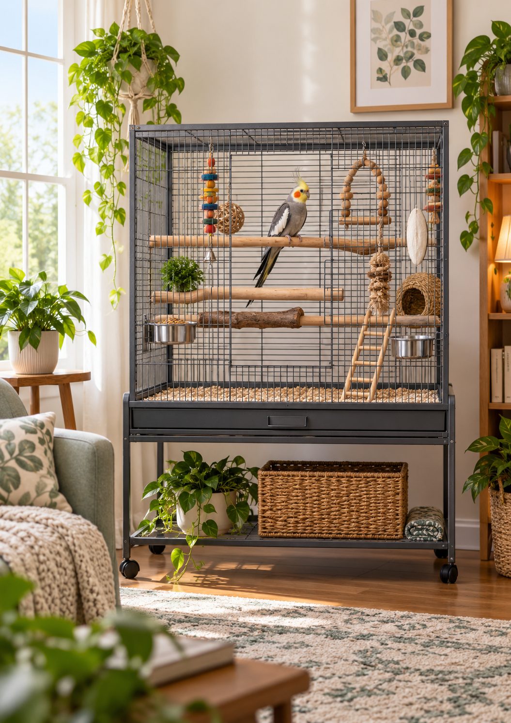 Cockatiel Care Guide cover showing a cockatiel in a spacious indoor cage habitat with the full cage visible