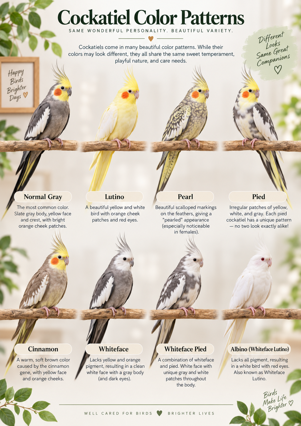 Labeled illustration showing representative cockatiel color patterns
