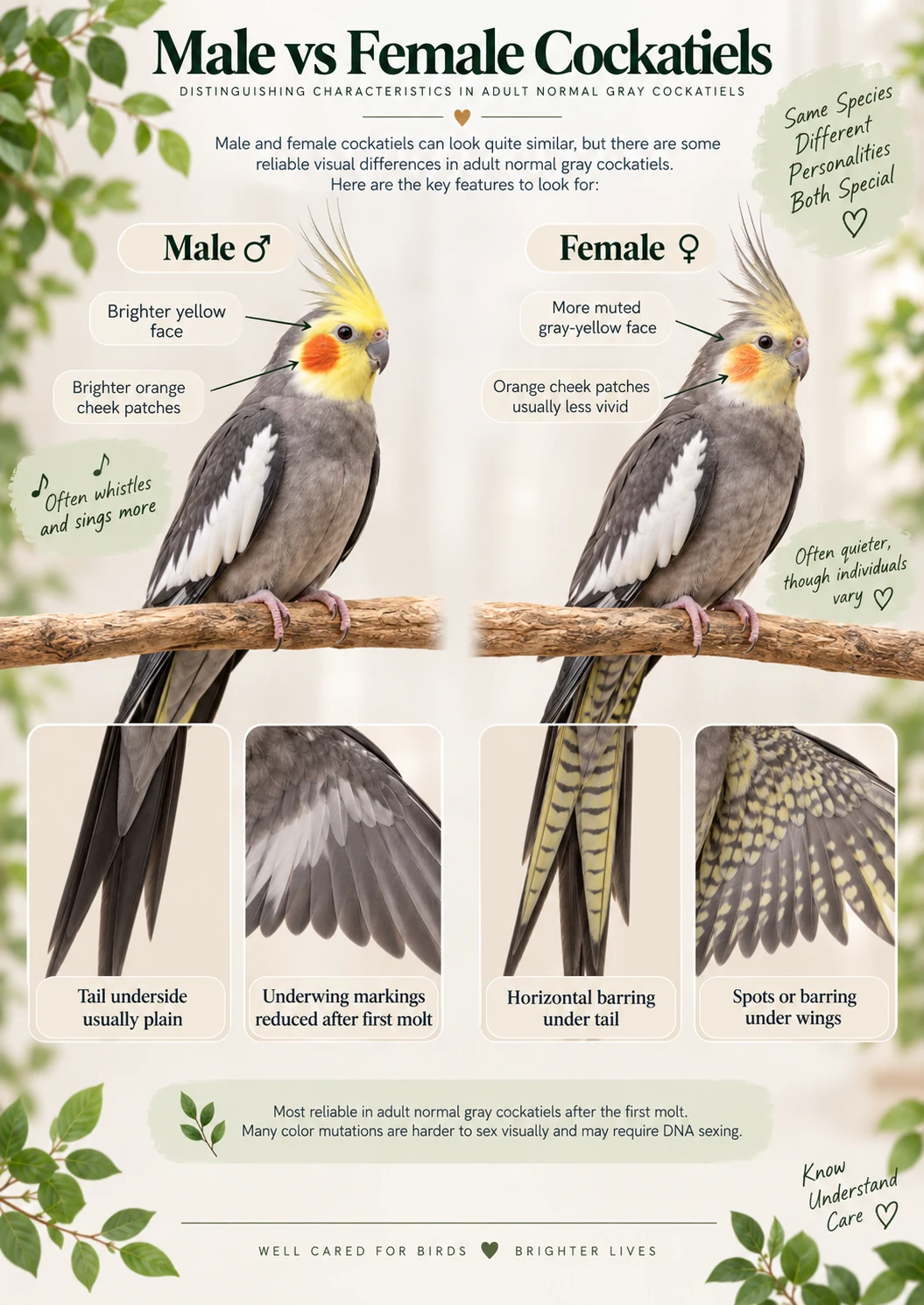 Labeled illustration showing distinguishing characteristics of adult male and female normal gray cockatiels