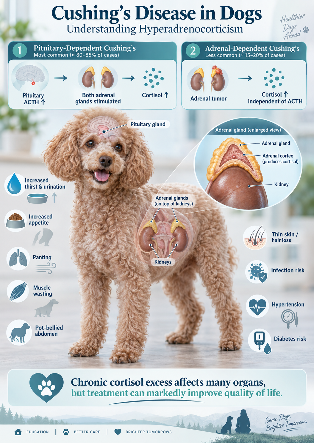 Veterinary medical illustration of a Miniature Poodle showing pituitary-dependent and adrenal-dependent Cushing's disease, adrenal anatomy, cortisol excess, and common clinical effects.