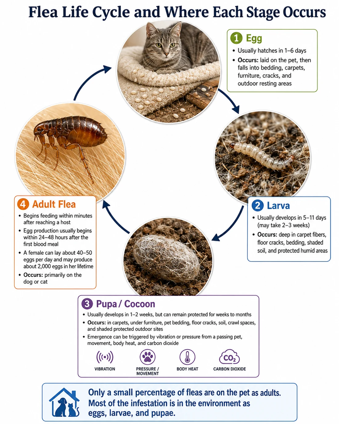 Diagram of the flea life cycle showing egg, larva, pupa or cocoon, and adult flea stages, with labels showing where each stage occurs