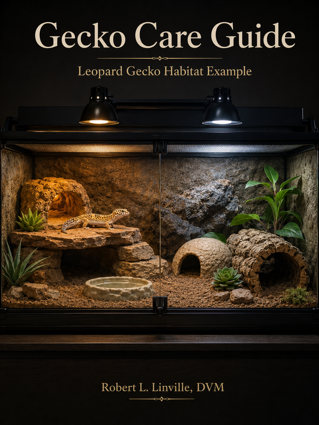 Gecko Care Guide cover showing one leopard gecko in a large naturalistic terrestrial enclosure with warm basking area, UVB and visible lighting, multiple hides including a humid retreat, water dish, naturalistic substrate, rocks, and secure enrichment