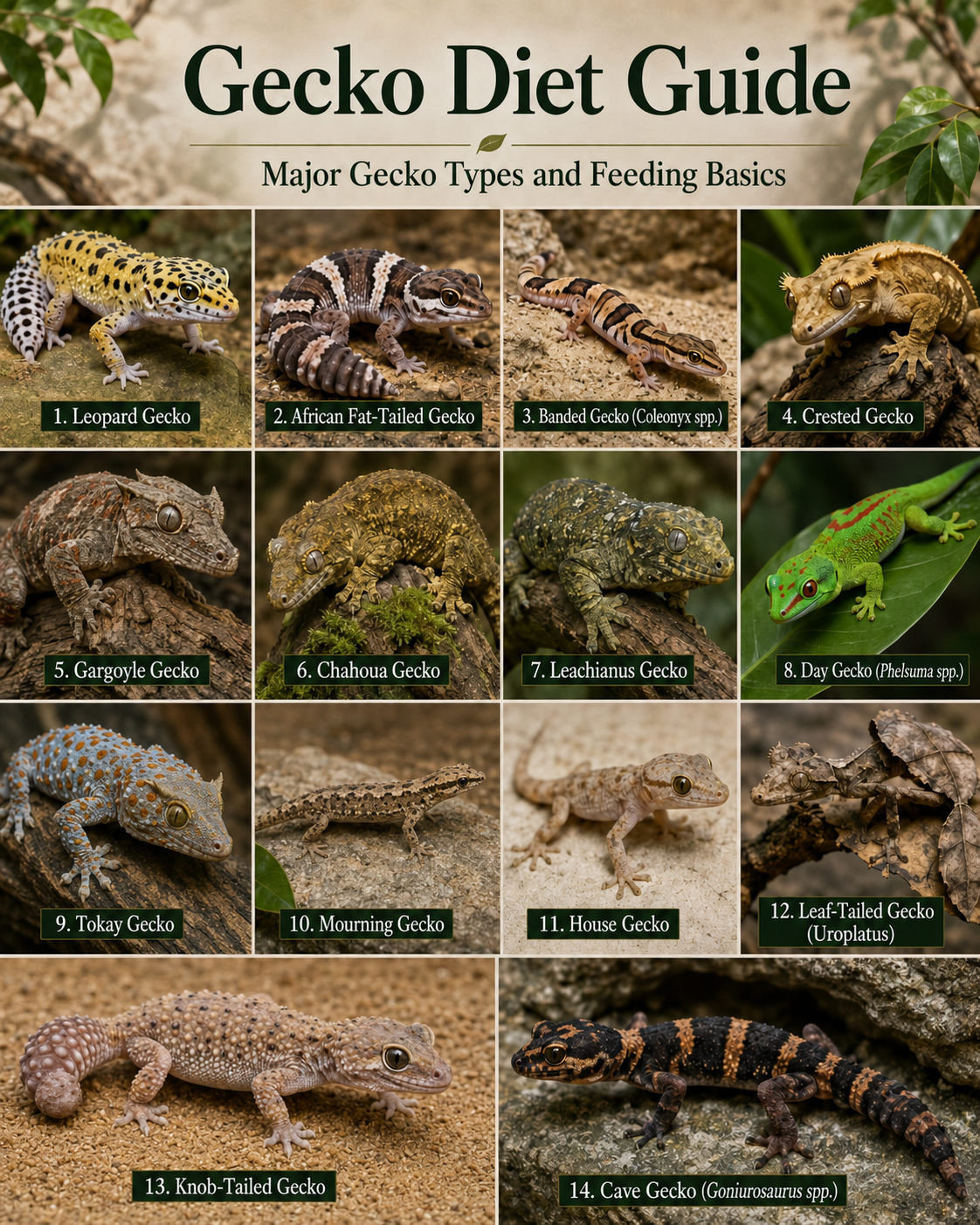 Photorealistic labeled representatives of the major gecko groups covered in this diet guide, including leopard, African fat-tailed, banded, crested, gargoyle, chahoua, leachianus, day, tokay, mourning, house, leaf-tailed, knob-tailed, and cave geckos