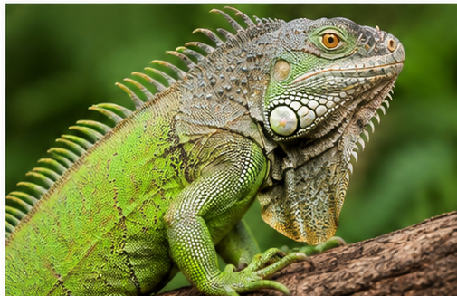 Photograph of a green iguana resting on a branch
