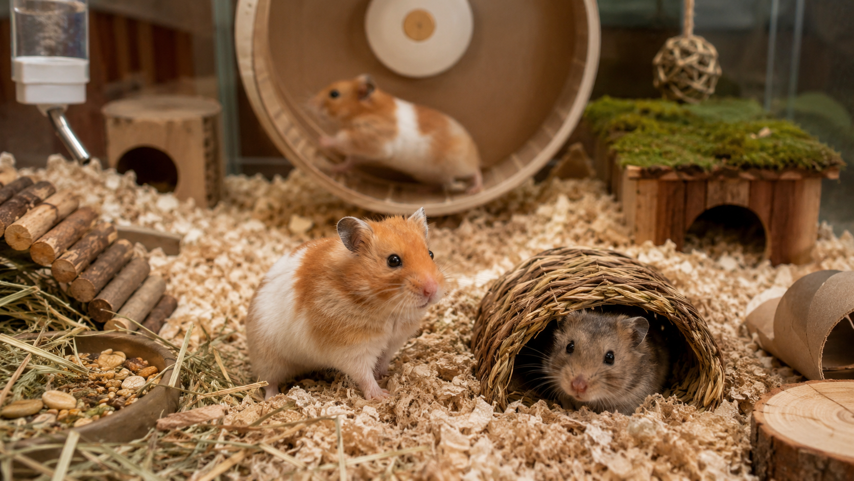 Photorealistic hamsters in a deep-bedded enriched habitat with hides, tunnels, a solid running wheel, and water