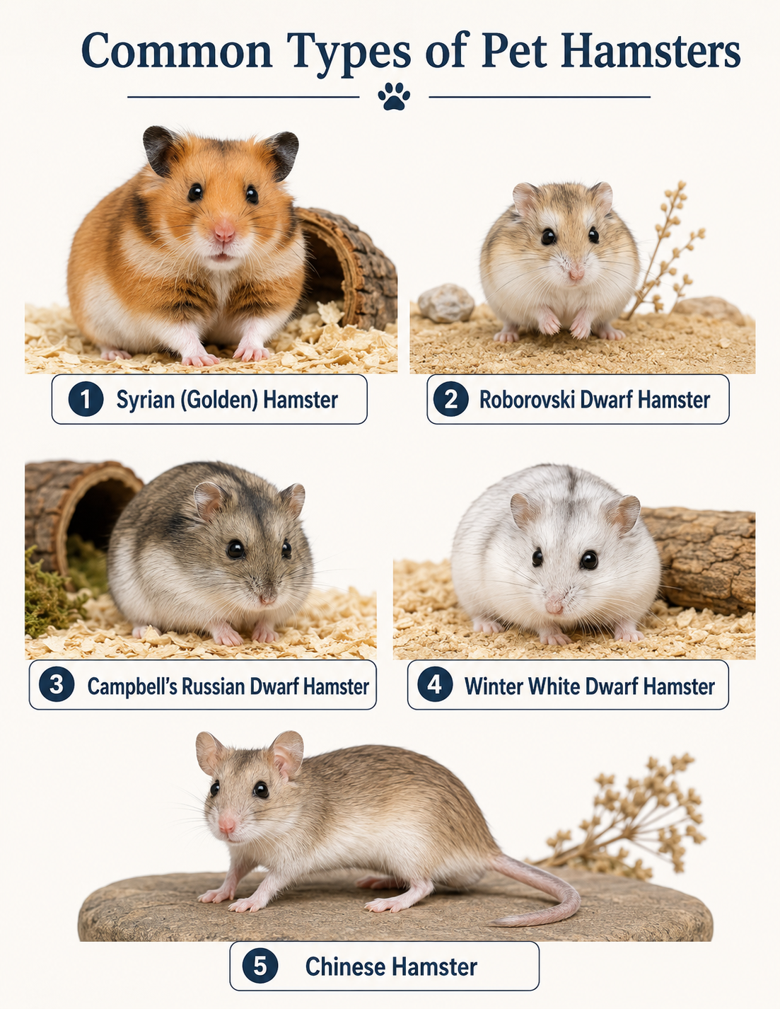 Photorealistic labeled illustration showing five common pet hamster types: Syrian or Golden, Roborovski Dwarf, Campbell's Russian Dwarf, Winter White Dwarf, and Chinese Hamster