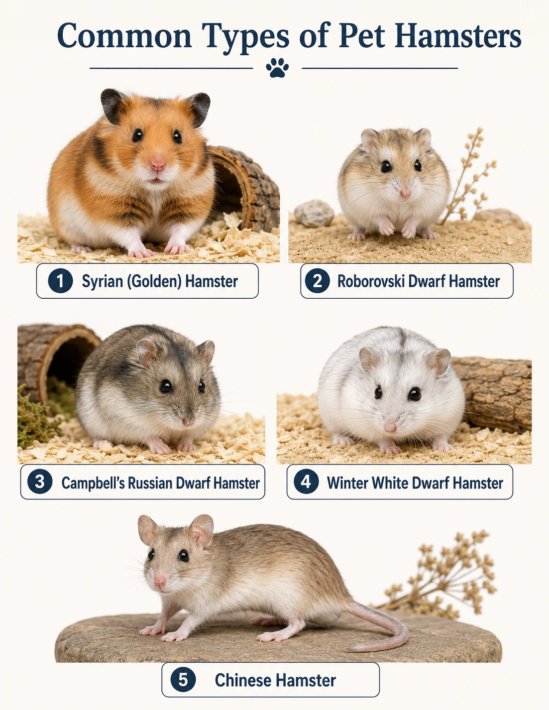 Photorealistic labeled illustration showing five common pet hamster types: Syrian or Golden, Roborovski Dwarf, Campbell's Russian Dwarf, Winter White Dwarf, and Chinese Hamster