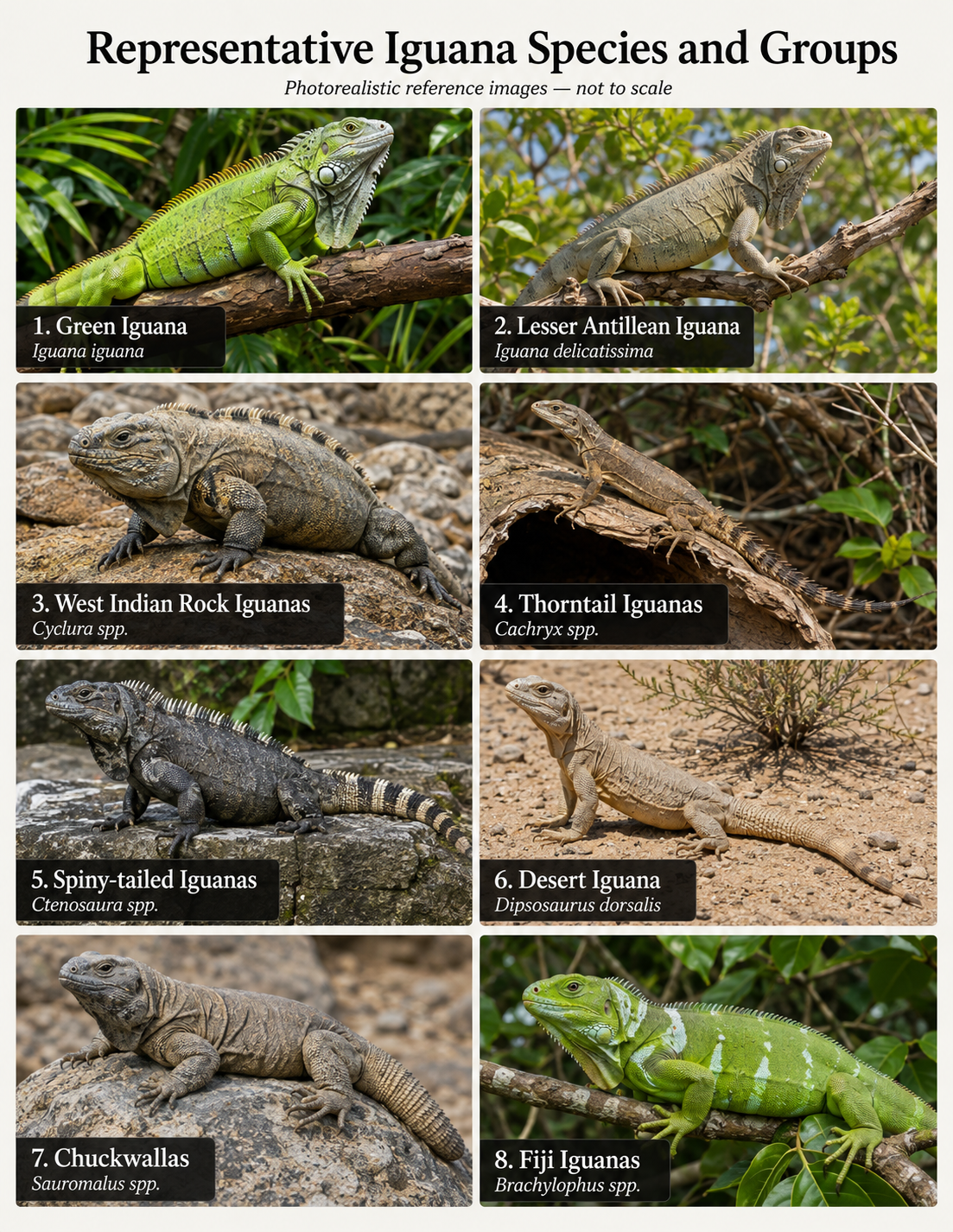 Labeled photorealistic reference page showing Green Iguana, Lesser Antillean Iguana, West Indian Rock Iguanas, Thorntail Iguanas, Spiny-tailed Iguanas, Desert Iguana, Chuckwallas, and Fiji Iguanas