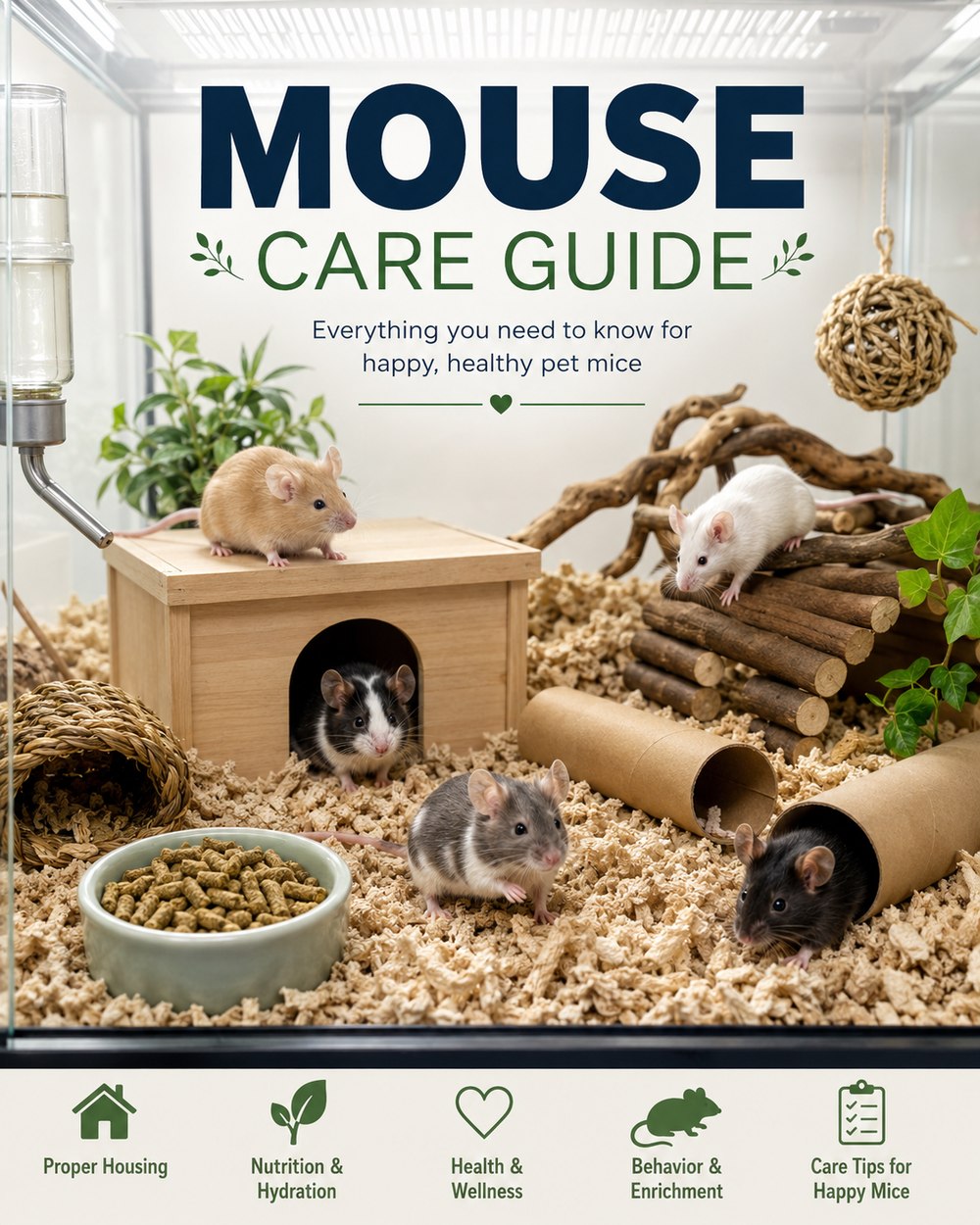 Several pet mice in a spacious, enriched habitat with deep bedding, tunnels, hides, climbing items, nesting material, food, and water