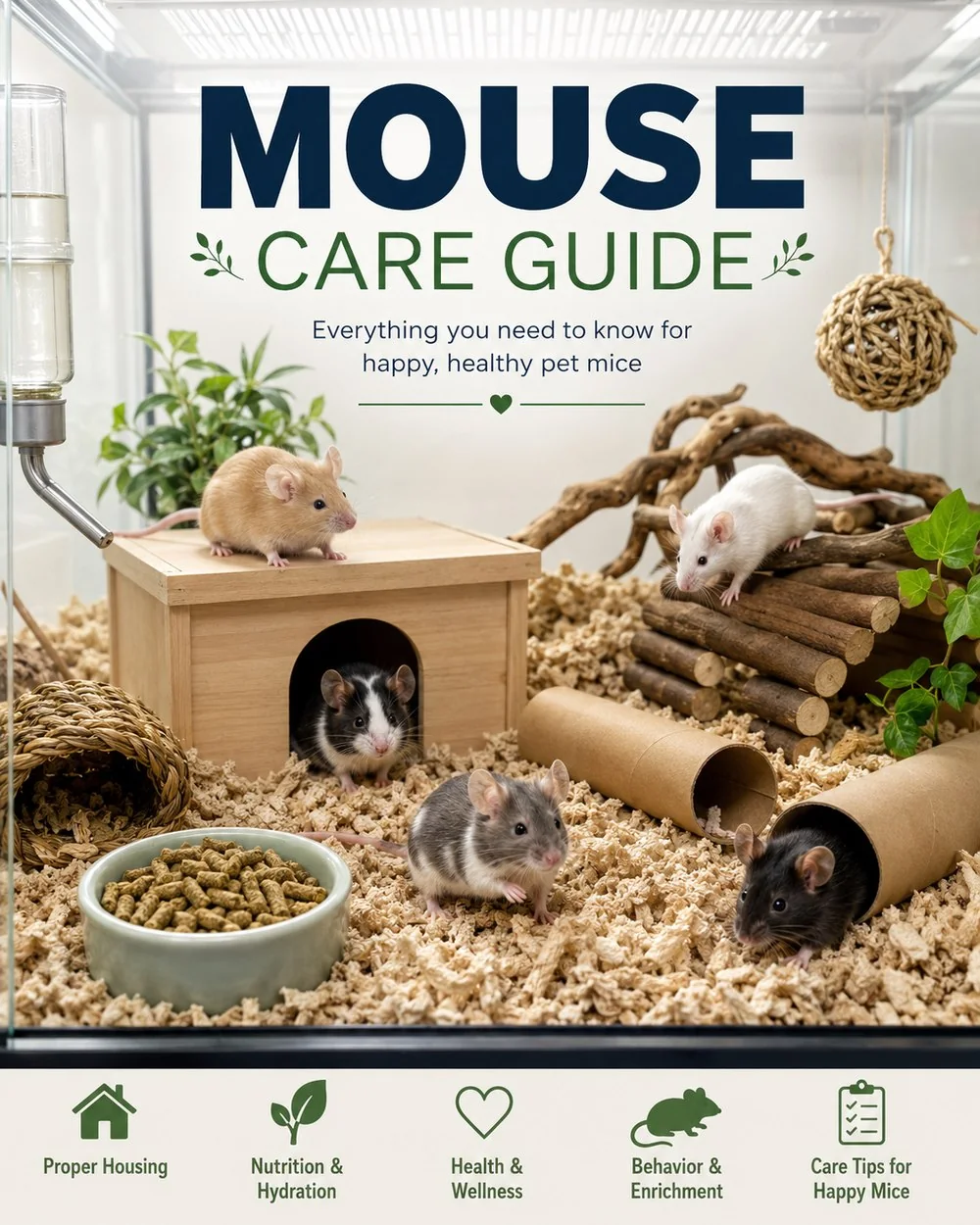 Several pet mice in a spacious, enriched habitat with deep bedding, tunnels, hides, climbing items, nesting material, food, and water