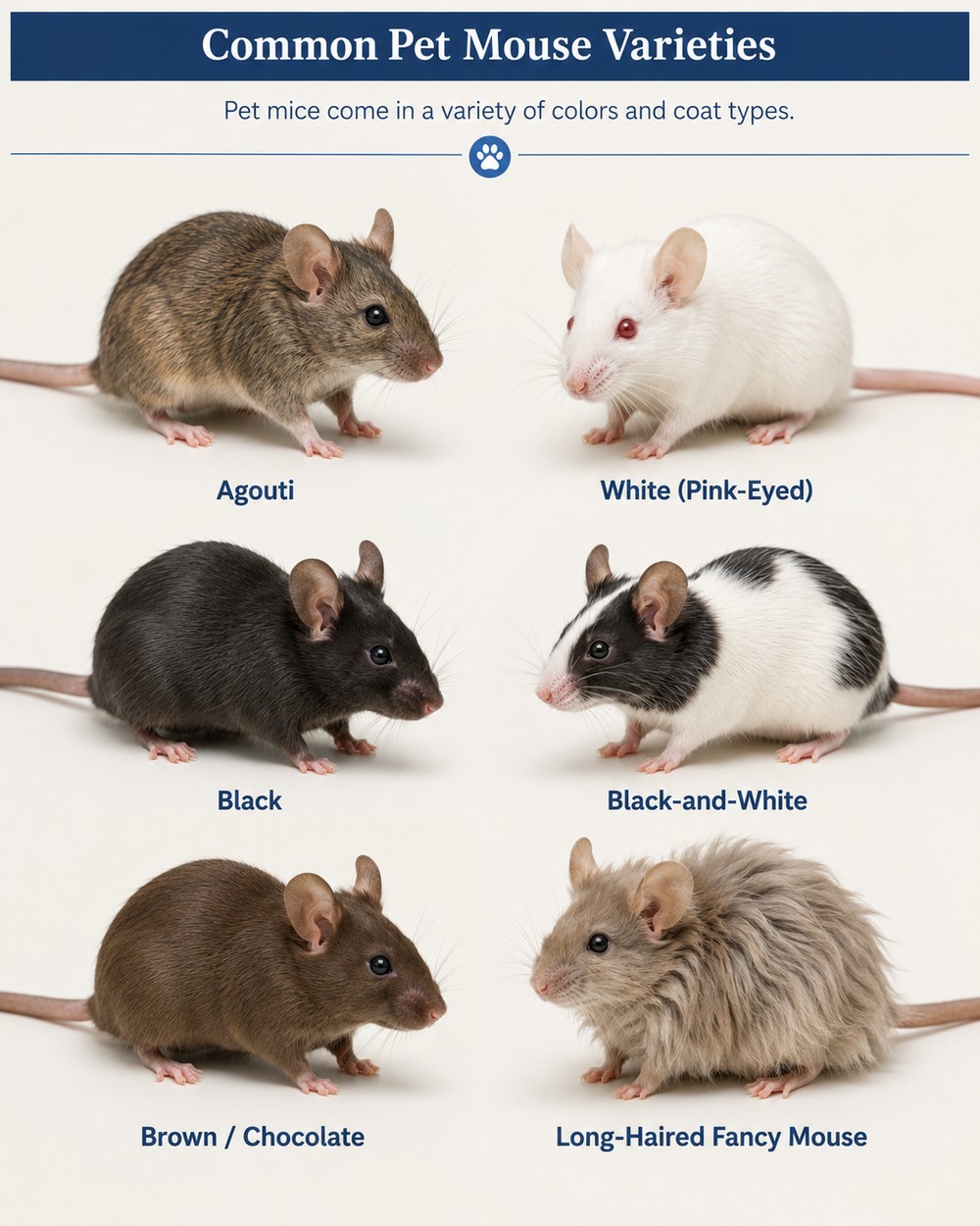 Common pet mouse varieties labeled Agouti, White (Pink-Eyed), Black, Black-and-White, Brown or Chocolate, and Long-Haired Fancy Mouse