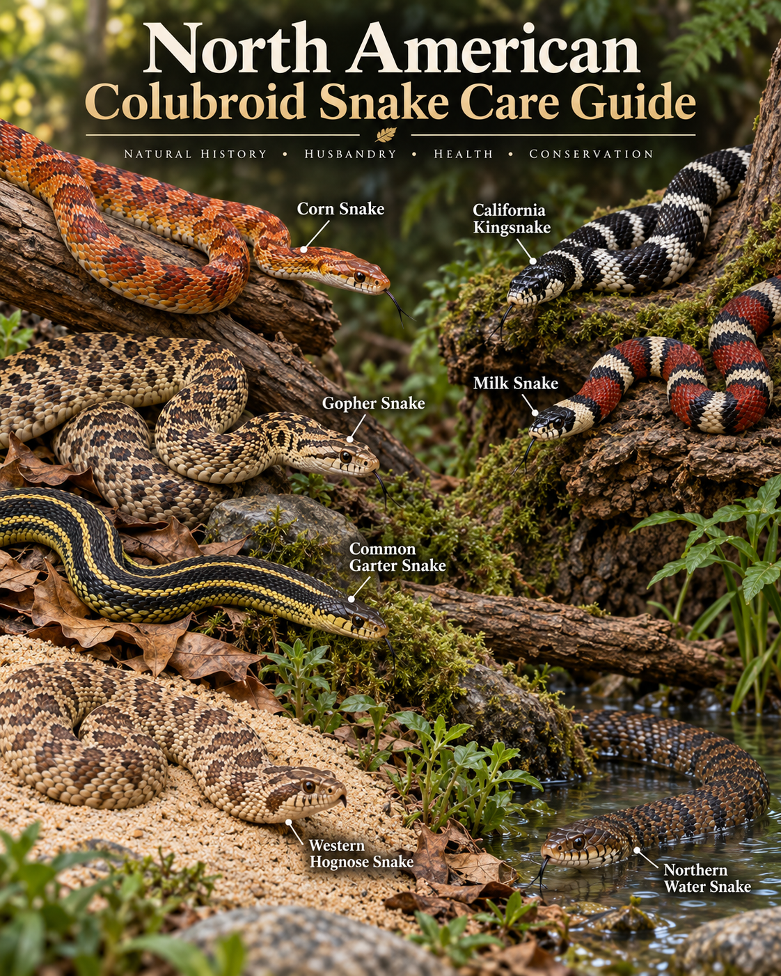 North American Colubroid Snake Care Guide cover showing the main captive species in this group with labels