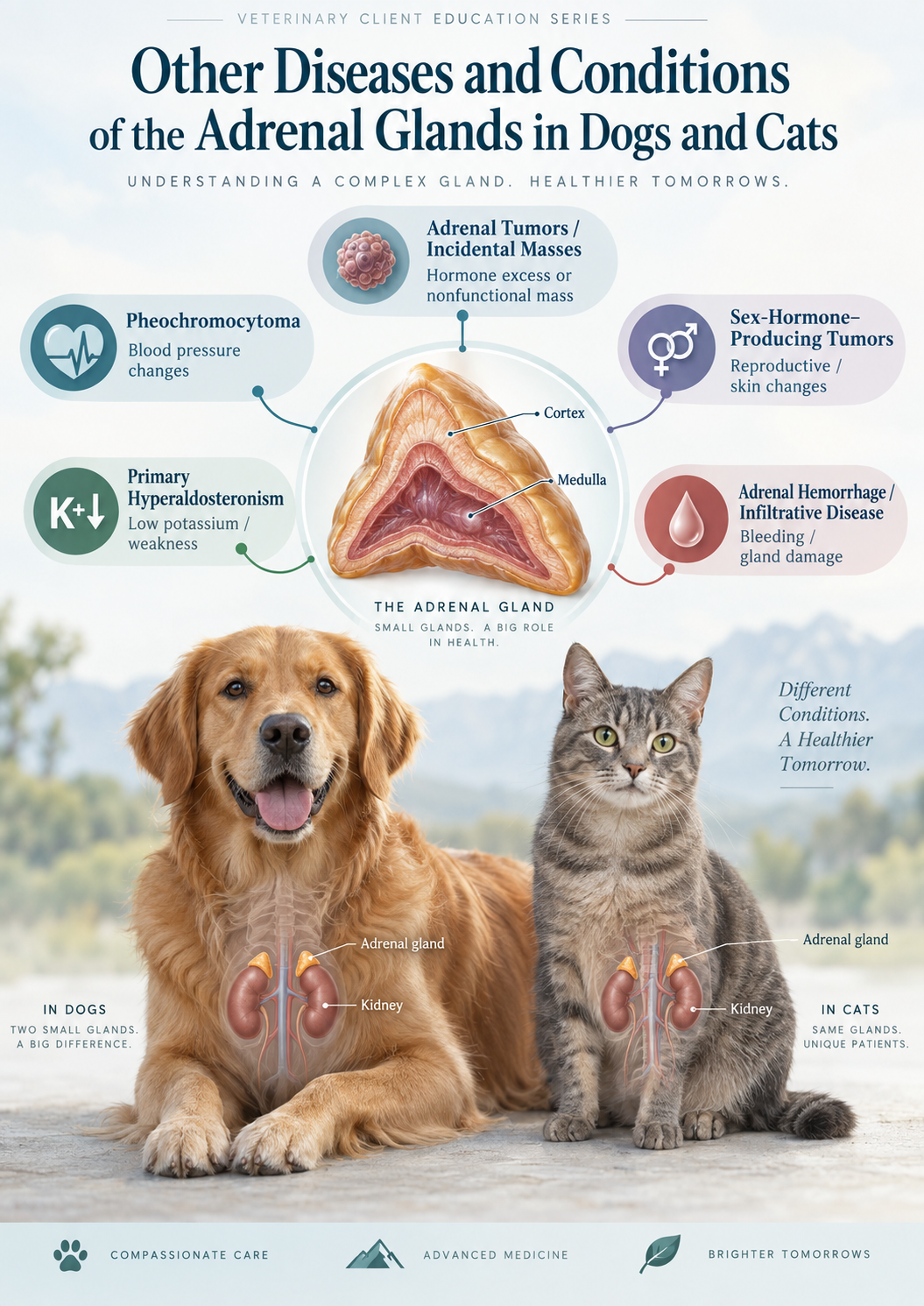 Veterinary medical illustration of a dog and cat with adrenal anatomy and major adrenal conditions including pheochromocytoma, hyperaldosteronism, adrenal tumors, sex-hormone-producing tumors, and adrenal hemorrhage.