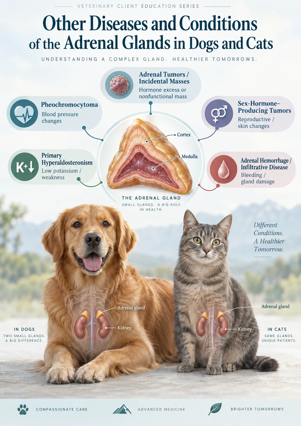 Veterinary medical illustration of a dog and cat with adrenal anatomy and major adrenal conditions including pheochromocytoma, hyperaldosteronism, adrenal tumors, sex-hormone-producing tumors, and adrenal hemorrhage.