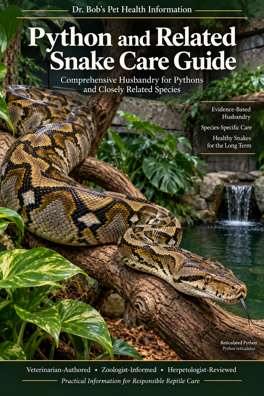Python and Related Snake Care Guide cover featuring a reticulated python in an appropriate naturalistic captive habitat