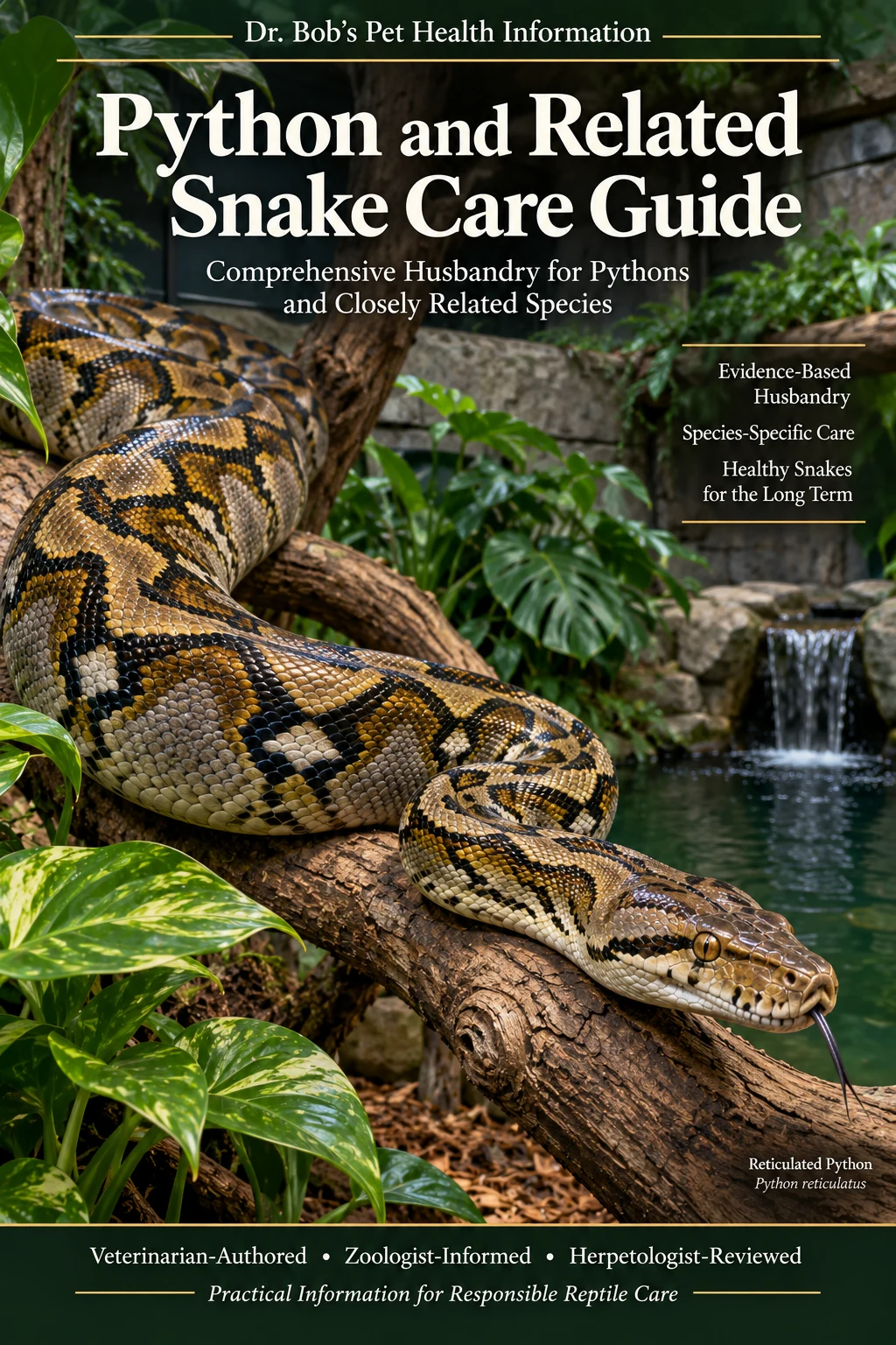 Python and Related Snake Care Guide cover featuring a reticulated python in an appropriate naturalistic captive habitat