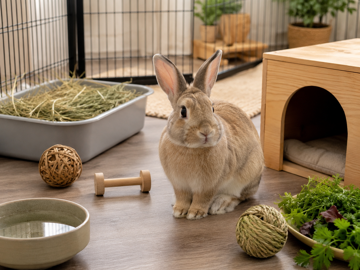 Photorealistic domestic rabbit in an enriched indoor habitat with hay, water, hide box, toys, and exercise space