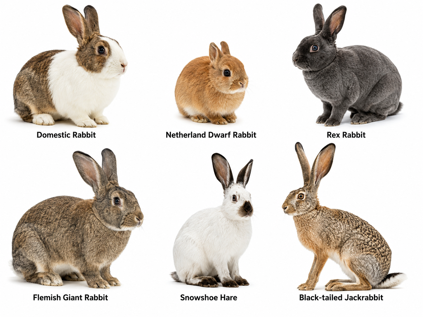 Photorealistic labeled illustration of rabbit and hare types including Domestic Rabbit, Netherland Dwarf Rabbit, Rex Rabbit, Flemish Giant Rabbit, Snowshoe Hare, and Black-tailed Jackrabbit