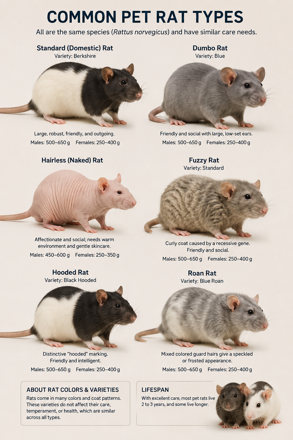 Photorealistic labeled examples of common pet rat varieties, including standard, Dumbo, hairless, curly-coated, hooded, and roan rats