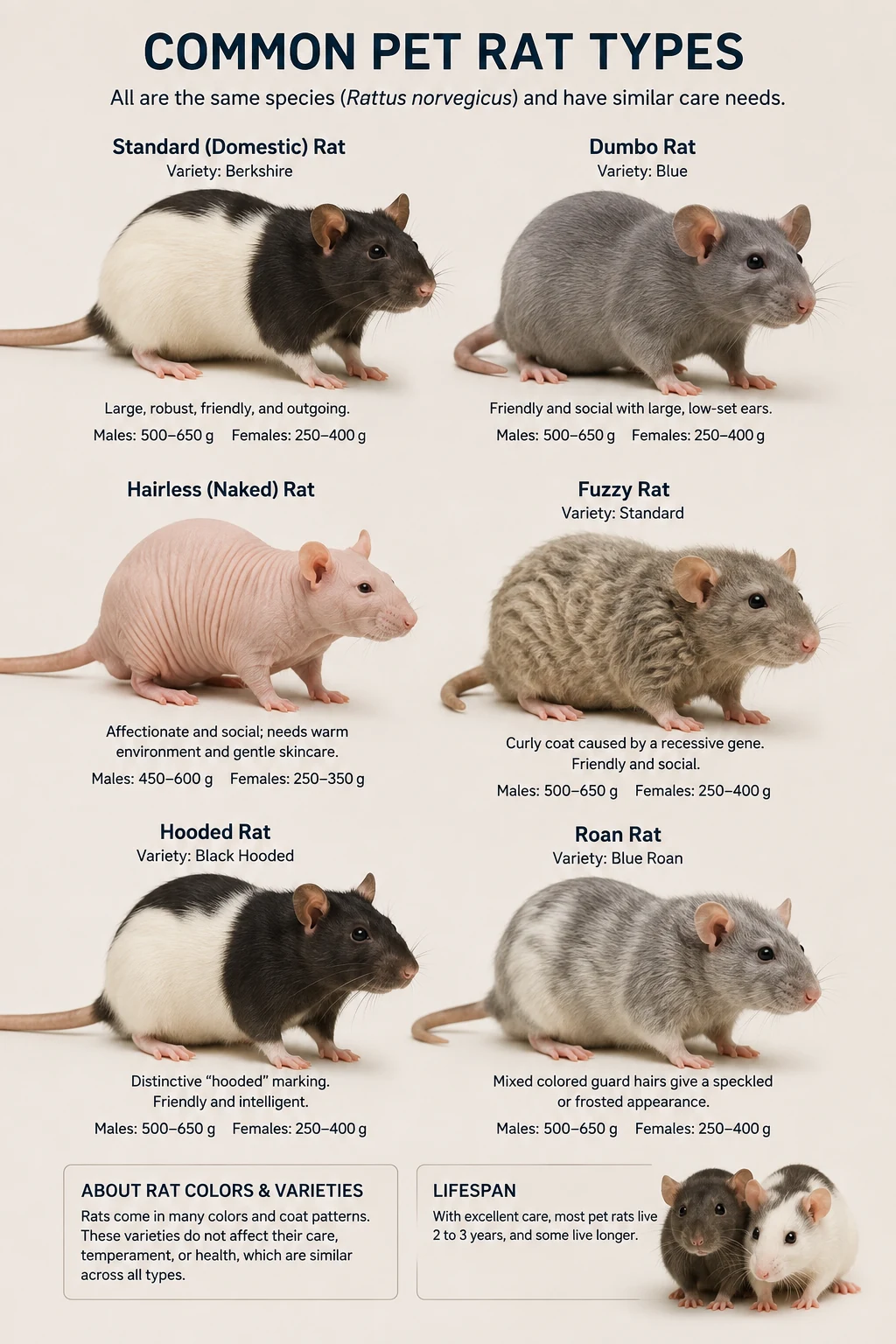 Photorealistic labeled examples of common pet rat varieties, including standard, Dumbo, hairless, curly-coated, hooded, and roan rats