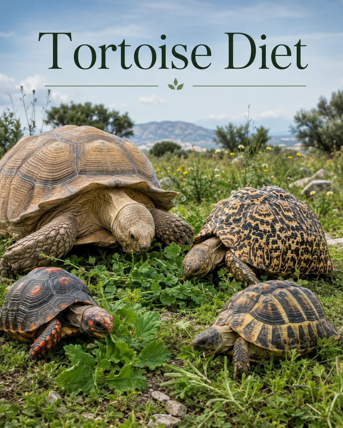 Several representative tortoises grazing among grasses and broadleaf plants beneath the title Tortoise Diet