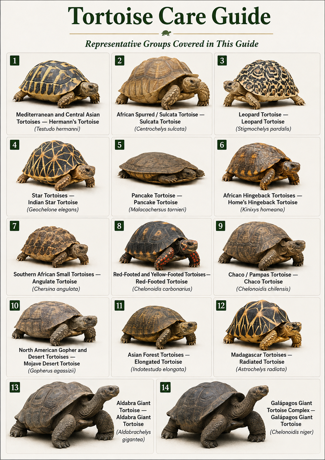 Labeled photorealistic reference page showing representative tortoises for the 14 groups covered in the guide: Mediterranean and Central Asian tortoises, sulcata, leopard, star, pancake, African hingeback, southern African small tortoises, red- and yellow-footed tortoises, Chaco tortoise, North American Gopherus, Asian forest tortoises, Madagascar tortoises, Aldabra giant tortoise, and Galapagos giant tortoise complex